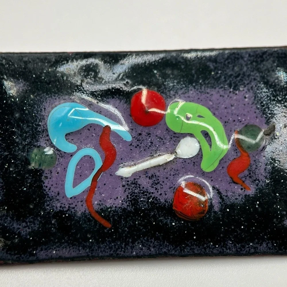 Vintage Multicolor Classic Rectangular‎ Abstract Art Enameled Copper Brooch Pin